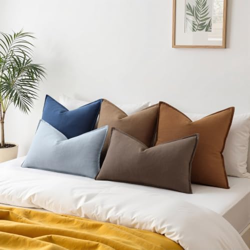 Image of decorUhome Decorative Linen Throw Pillow Covers 12x20 Inch Set of 2 Blue Lumbar Neutral Pillow Covers with Flange Edges Soft Farmhouse Boho Accent Pillow Cases for Couch Bed Living Room