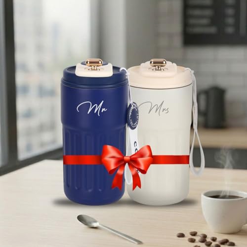 Image of Giftana Mr and Mrs Coffee Tumbler Set of 2, Premium Travel Mug Gift Set, 420ml Blue & White Tumblers for Couples, Newlyweds, Husband & Wife, Bridal Shower, Wedding, Anniversary and Engagement Gifts