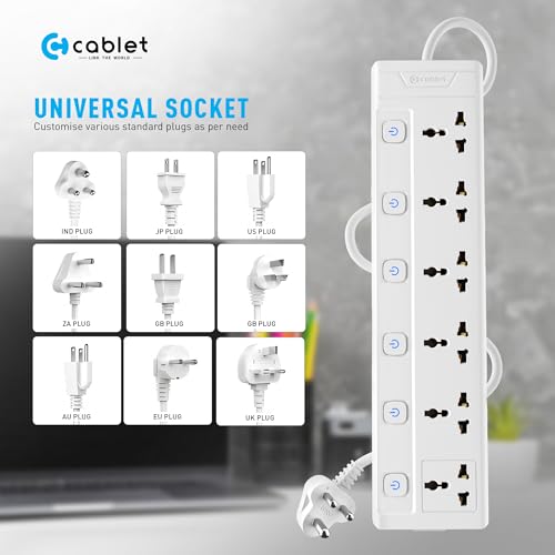 Image of Cablet Extension Board 3 Meter Cable, 2500W 10A, 6 Universal Multi Plug Socket, 6 Individual Switches, 3 Mtr Heavy Duty Cord, LED Indicator, Power Strip for Home Office (6 Socket + 6 Switch, 3 Meter)