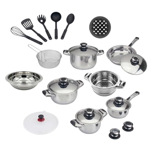 Batería de Cocina 22 Piezas, Acero Inoxidable 18/10, Fondo Encapsulado Tricapa, Apta para Inducción, Vitrocerámica y Gas