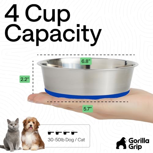 Image of GORILLA GRIP Dog Bowls, Food Grade 304 Stainless Steel, Holds 4 Cups Each (32 fl oz) Food and Water Bowl for Feeding Dogs and Cats, Dishwasher Safe, Rust Resistant, BPA Free Rubber Base Set of 2 Blue