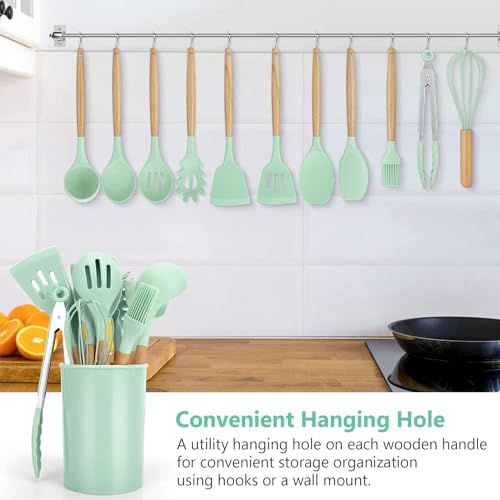 Image of Barebeauty 12 Pcs Silicone Kitchen Utensils Set with Holder Heat Resistant Silicone Spatula | Turner Set Wooden Spoons Kitchen Tools | Cooking Utensils for Nonstick Cookware (Light Green)