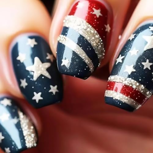 4th of July Press on Nails Medium Square Fake Nail with Star Stripe Designs USA Independence Day Nails Glitter Blue Red Glue on Nail Acrylic Patriotic Artificial Nail for Women 24 Pcs