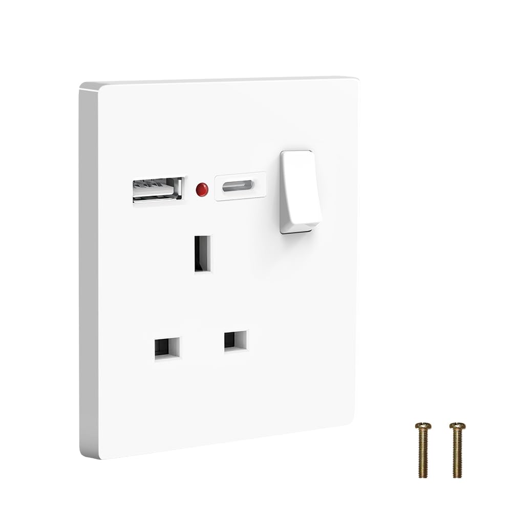 Plug Sockets Single Switched with USB C and USB A, EINNO Wall Electrical Outlets with Power Indictor,13 Amp White