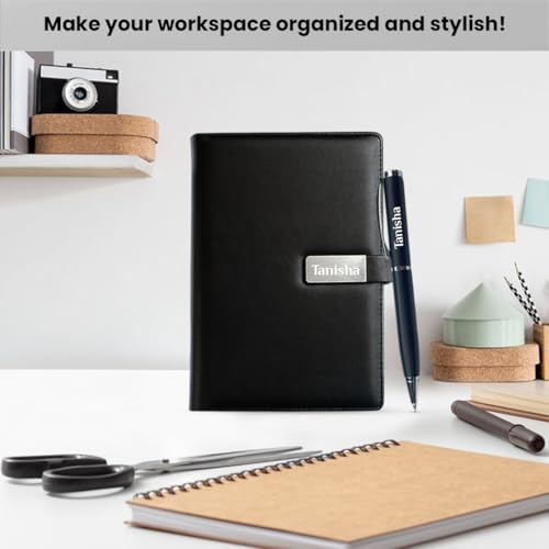 Image of Giftana Personalized Notebook Diary with Pen Gift Set for Men and Women, 2 in 1 Customized Office Diaries A5 Size Notebook, Diwali Gifts, Personalised New Year Corporate Gifts for Employees (Black)