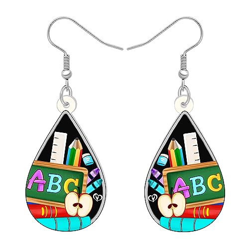 Acrylic Globe Pencil Earrings Dangle Jewelry Ruler Eraser Stationery Sets for Kids Teachers Women Girls Back to School Gifts (Teardrop ABC)