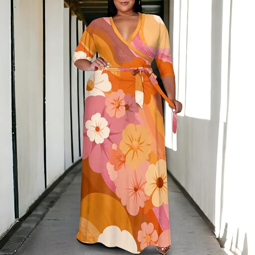 Image of SUZONANA Plus Size Maxi Dresses for Curcy Women Casual Loose 3 /4 Sleeve Long Dress with Belt