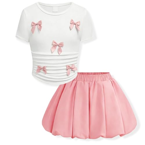 FJLSJSW Teenage Girls Puffy Skirt Set with Cute Bowknot Top Teen Summer Skirt Outfit Puffy Skirt for Teen Girls 7-8 Years