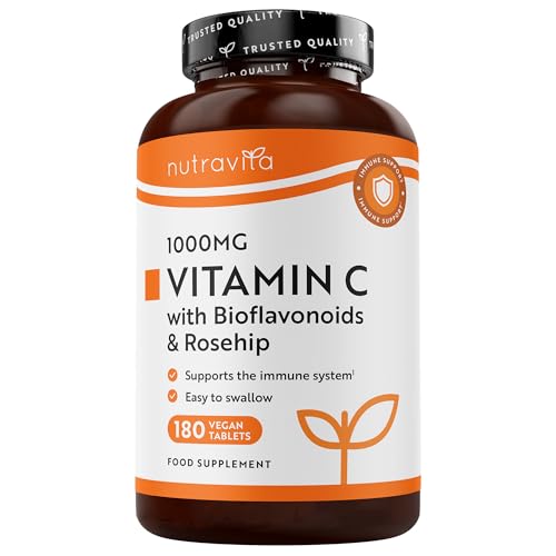 Nutravita Vitamin C 1000mg Tablets - 180 Vegan 1000mg Vitamin C Tablets not Capsules or Powder - 6 Months - High Strength Ascorbic Acid - Bioflavonoids & Rosehip - Immune Support - Made in UK