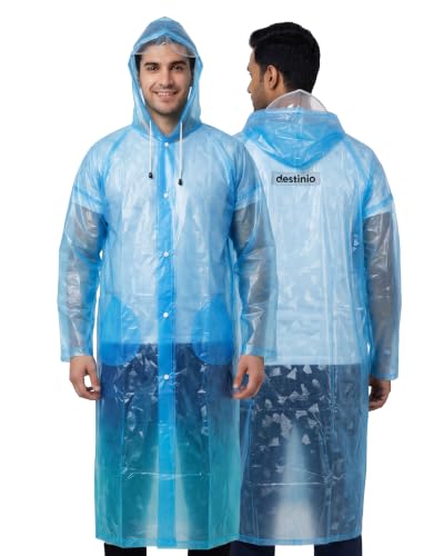 Image of Destinio Poncho for Men, Poncho for Women-Thick Waterproof PVC, Rain Coat, Reusable - Transparent Pocket Raincoat with Hood, Full Cover for Bag in Travel, Trekking, Bike Riders
