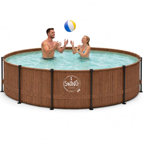HAF - Swing Frame Pool rund Holz-Optik (Ø 366 cm 91 cm tief) - Gartenpool mit 8.300 Liter - UV-geschützt & korrosionsbeständig - Stabiler Metallrahmen - Schnellaufbau ohne Werkzeug - inkl. Skimmer