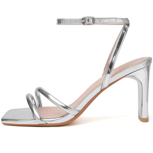 RIBONGZ Womens Strappy Heels Square Open Toe High Heels for Women Ankle Strap Chunky Heeled Sandals Wedding Bridal Shoes Comfort High Heel Sandals Dress Party Shoes2