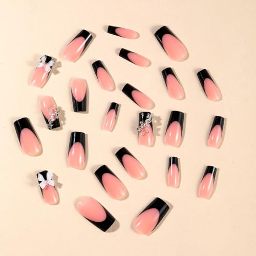 Image of Black Press on Nails French Tip Fake Nails Bow Glue on Nails with Star Design Medium Square False Nail Reusable Artificial Acrylic Glossy Full Cover Stick on Nail for Women Manicure 24Pcs