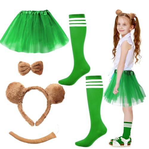 HONMOK 5 PCS Kids Chipmunk Costumes Set, Fancy Dress Outfit with Green Tutu Dress, Ears Headband, Bowtie, Tail, Striped Tube Socks, Black Glasses for 3-10y Girls Halloween Cosplay