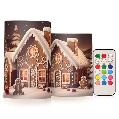 Image of ALAZA Christmas Gingerbread House Flickering Flameless Candles Battery Operated with Remote Timer,Tea Light Candles LED Pillar Votive Candles Set of 2 for Outdoor Indoor Decorations