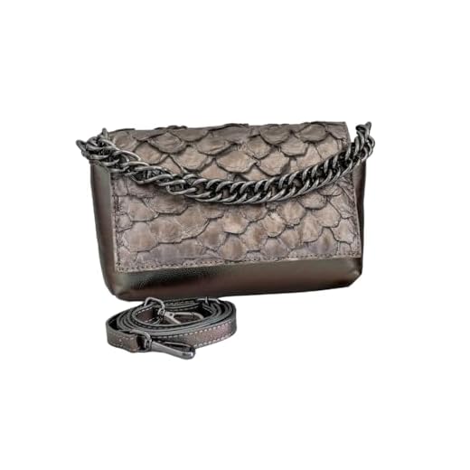 Bolsa Luna em Couro Legítimo de Pirarucu Sustentável, Alça Intercambiável, Tamanho Único – Marca Sool (Carbono)