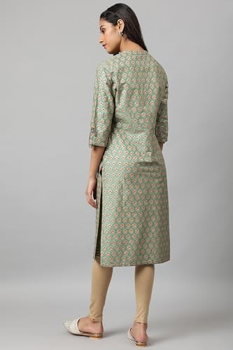 Image of W for Woman Green Glitter Printed Kurta in Mandarin Collar