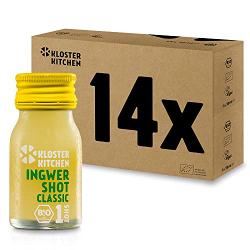 Kloster Kitchen Bio Ginger Shot Classic 1SHOT 14 x 30 ml con auténticos trozos de jengibre I Ginger shot vegano en la botella de cristal To Go I Sweet Sharf sin aditivos y con dulzura natural