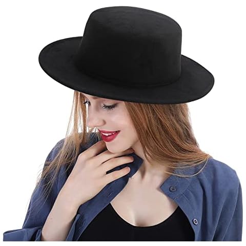 YEAJOIN Fashion Classic Black Fedora Flat Hat, Wide Brim Jazz Hats Church Derby Cap for Women and Men Cover
