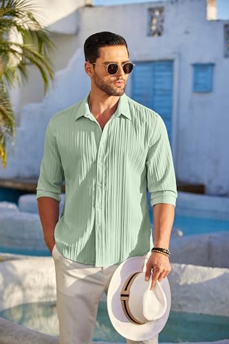 Image of DEELMO Combo of Men's Casual Button Down Shirts Long Sleeve Linen Shirt Fashion Textured Summer Shirts Pack of 2