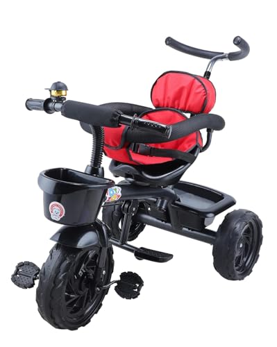 Image of JoyRide Learn-to-Ride Trike on 3 Wheels with Safety Harness, Non-Slip Pedal,Storage Basket and Removable Parent Handle (Dark Red)