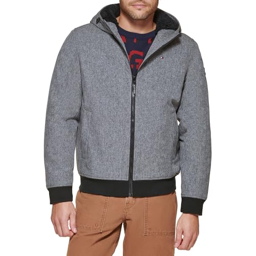 Image of Tommy Hilfiger Men's Soft Shell Fashion Bomber With Contrast Bib and Hood