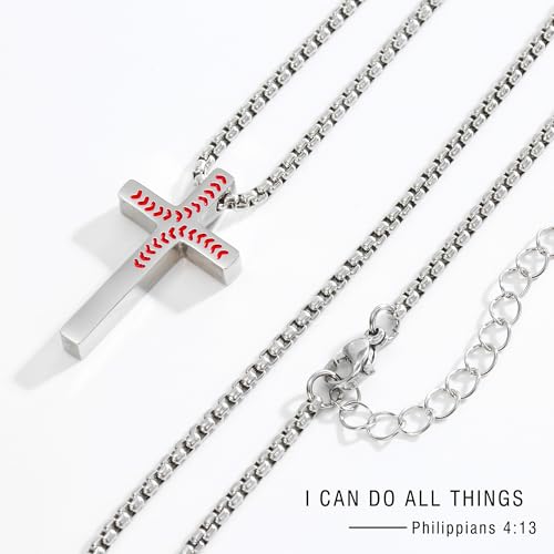 Baseball Necklace for Men Confirmation Bible Verse Baseball Stainless Steel Cross Pendant Necklaces 18+2 Inches3