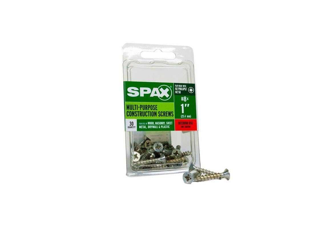 SPAX Multi-Purpose Screws - 30 Pack Of No. 8 X 1 Inch Zinc-Plated Steel With Phillips/Square Flat Head