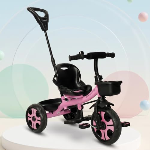 Amazon Brand - Symactive Kids Tricycle | EVA Wheels Plug & Play | Parental Handle | Cushioned Seat & Seat Belt | Dual Storage Baskets | Bell & Footrest | BIS Certified | Age 2–5 Years | Pink