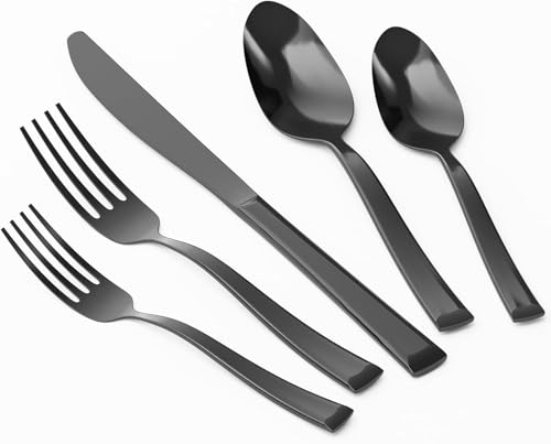 QUEARI Black 20-Piece Silverware Set, Stainless Steel Flatware Set, Cutlery Set Mirror Polished, Dishwasher Safe, Service for 4