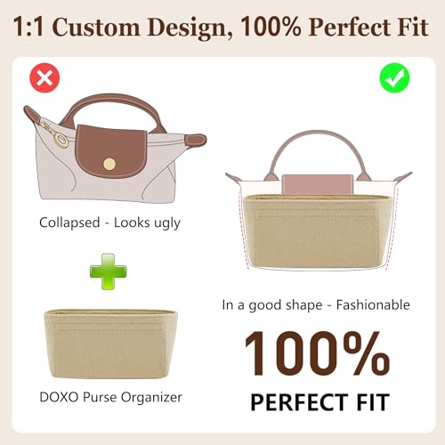 Image of Doxo Purse Organizer Insert for Longchamp Le Pliage XS, Premium Felt Tote Bag Organizer with 7 Compartments and Zippered Pocket (Beige, Mini)