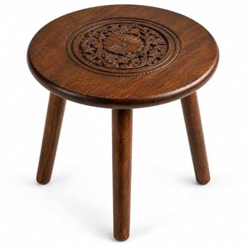 Image of WOOYNEX Wooden Table with Three Legs, Burnt, Round Coffee & Side Table | Modern, For Small Spaces with Pillar, Wood Books, Magazines, and Plant Stand, For Living Room, Entryway Table
