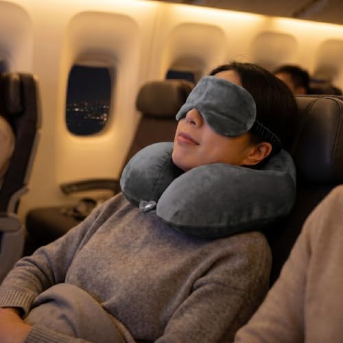 Image of Premium Fiber Filled Neck Pillow, Aeroplane Travel Pillow Neck Adjustable 360 Degree Support Headrest Neck Support Comfortable Pillow with Eye Mask (Grey)
