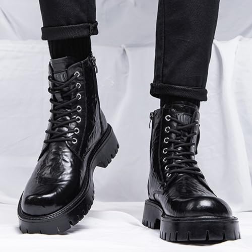Men's Genuine Leather Lace Up Chunky Platform Combat boots Comfort Round Toe Non-Slip lug sole Motorcycle Ankle Boots with Side Zipper2