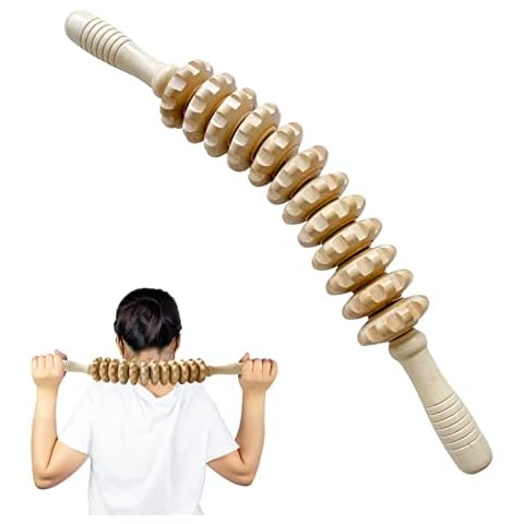 Wooden Massager Handheld Roller,Trigger Point Massager Stick for Fascia,Cellulite,Body Therapy Massager,Muscle & Abdomen Muscle Belly Relief Tools-12 Rotatable Rollers Cover
