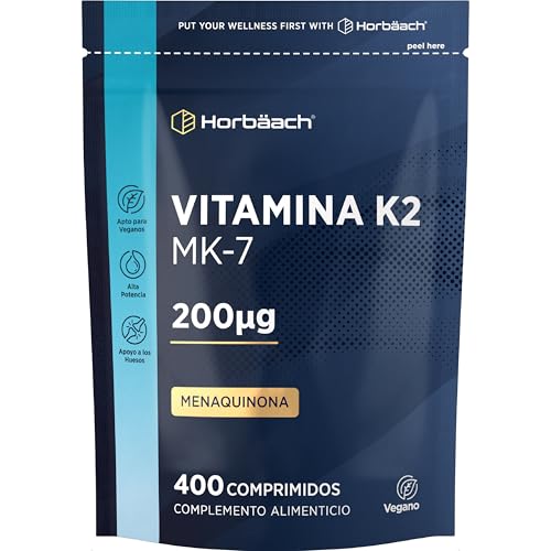 Vitamina K2 MK7 200μg | ALL-TRANS MK-7 de alta potencia | 400 Comprimidos Veganos | Forma Más Pura de Vitamina K2 - Menaquinona | No Cápsulas | Contribuye a la Salud ósea | Horbaach