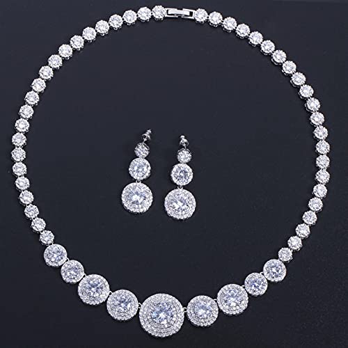 WJCRYPD Ensembles De Bijoux Micro Pave Ronde Cubic Zirconia Golden Party Collier Boucles d'oreilles pour Femmes Ensembles de Bijoux Qf Shop (Metal Color : White Gold Color) Cover