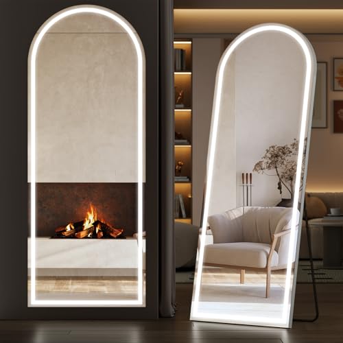 Sweetcrispy Arched Full Length Mirror with LED Lights, 71.3" x26.5 Lighted Floor Mirror with Dimming & 3 Color Lighting, Stand for Bedroom, Dressing Room