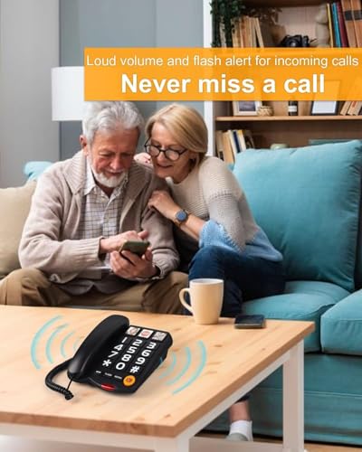 Telefon mit großen Tasten für Senioren, Festnetztelefon mit großen Tasten für Ältere, Robustes Telefon mit Einstellbare Lautstärke und 3 Ein-Tasten-Wählfunktionen für zu Hause (3 Bilder, Schwarz)