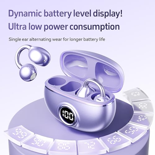 QJF Clip on Earbuds for Small Ears, Open Ear Wireless Bluetooth 5.4 Headphones, 40H Playtime Air Conduction, Comfort Fit for Glasses, Waterproof Sport Ear Buds with Digital Display & MIC