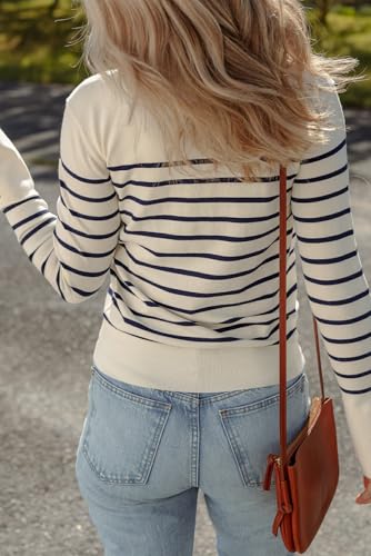 Urchics Womens Casual Sweater White Stripe Button Ribbed Cuffs Round Neck Casual Sweater2
