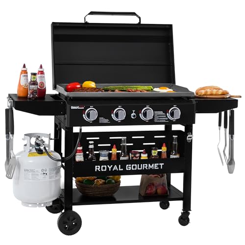 Royal Gourmet GB4000PB 4-Burner Gas Griddle with Hood Griddle with Collapsible Side Shelves 52 000 BTU 582 Sq. In. Cooking Area Electronic Ignition Swivel Wheels with Brakes Black