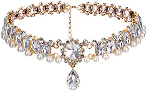 Chmier Bohemia Rhinestone Choker Chunky Crystal Necklace Pearl Choker Wedding Statement Jewelry Bridal Necklace Luxury Jewelry for Women and Girls (Gold)