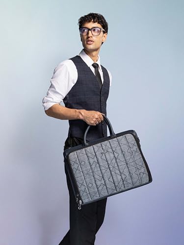 Image of ZOUK Blue Pro Laptop Bag for Men | Vegan Leather Office & Travel Bag with Quilted Design, 15.6-Inch Laptop Compartment, Trolley Sleeve & Shoulder Strap |