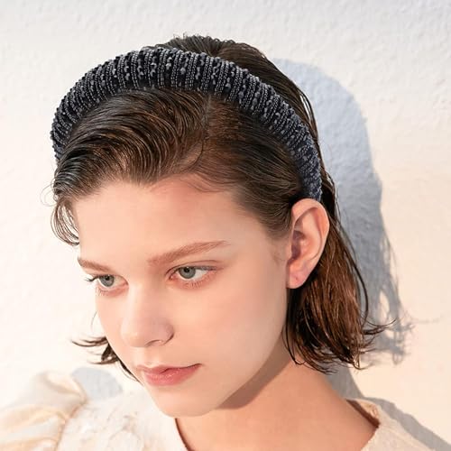 Image of Shining Diva Fashion Stylish Full Crystal Luxury Hairbands | Fancy Shiny Bling Diamond Sparkle Crystal Beaded Headband | Hand-Woven Black White Pink Padded Rhinestones Hair Accessories