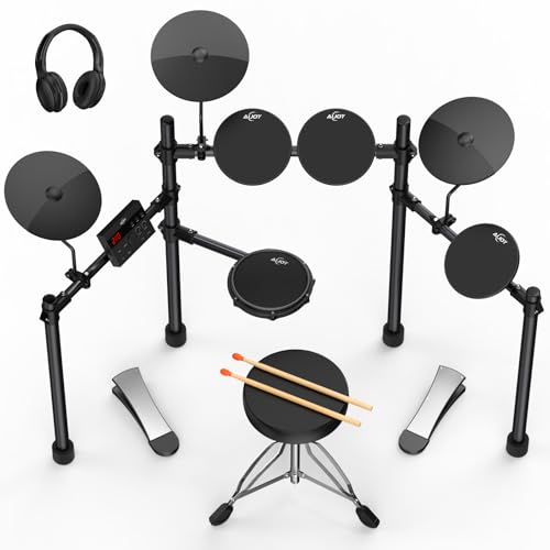 AiJoy Electric Drum Set for Beginners with 210 Sounds, 4 Quiet Drum Pads, 10'' Cymbals, Electronic Drum Kit with Headphones, 2 Pedals, Throne, Sticks, Gifts for Kids Adults (ADD15)
