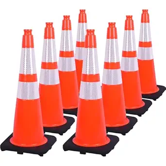 Fluorescent Orange/Green PVC Traffic Cones, Heavy Black Base Parking Lot Cone Structurally Stable Weatherproof Road Construction Safety Cones (8, Orange, 28" Large)