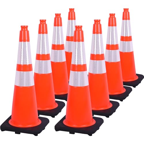 Fluorescent Orange/Green PVC Traffic Cones, Heavy Black Base Parking Lot Cone Structurally Stable Weatherproof Road Construction Safety Cones (8, Orange, 28" Large)