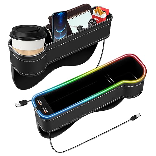 Bqweun 2 Stück Multifunktionale Aufbewahrungsbox für Autositze mit Getränkehalter, 2 USB-Anschluss, LED Licht Autositz Lückenfüller, Auto Becherhalter Einsatz, Auto Organizer Vorne Mittelkonsole