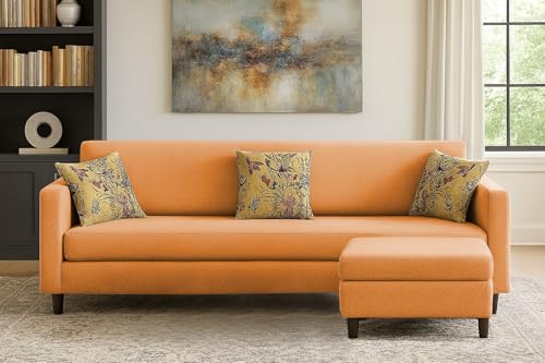 Image of Casaliving Premium Lifestyle Fabric 5 Seater L Shape Sofa Set 4 Seater Modern Sofa Set & Ottoman for Living Room (Orange Color)